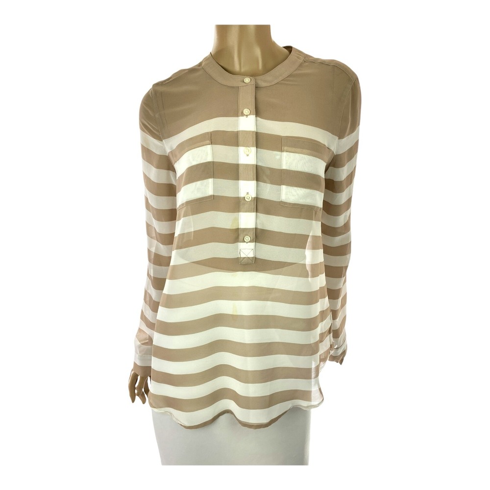 Old Navy Pullover Sheer Blouse Top Size SP Brown & White Stripe Long Sleeves